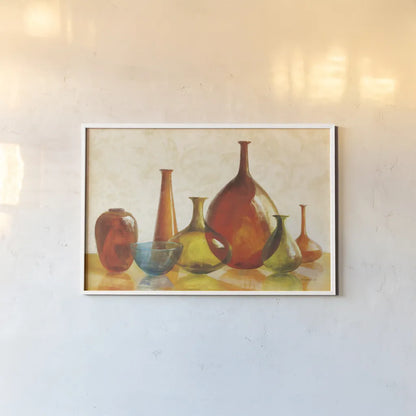 Colorful Glass Vessels on Ivory by Danhui Nai. shown as a paper print in a white frame. Available as a archival giclee rolled canvas, fine art paper, or poster print. SKU 12461i.