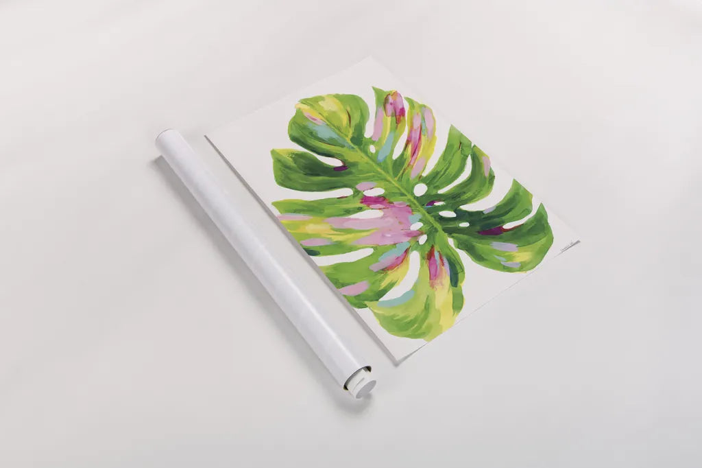Colorful Tropical Leaf I by Danhui Nai. shown as a rolled paper print. Available as archival giclee rolled canvas, fine art paper, or poster print. SKU 92262h.