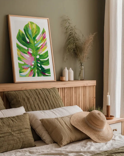 Colorful Tropical Leaf I by Danhui Nai. shown as a paper print in a natural frame. Available as a archival giclee rolled canvas, fine art paper, or poster print. SKU 92262h.