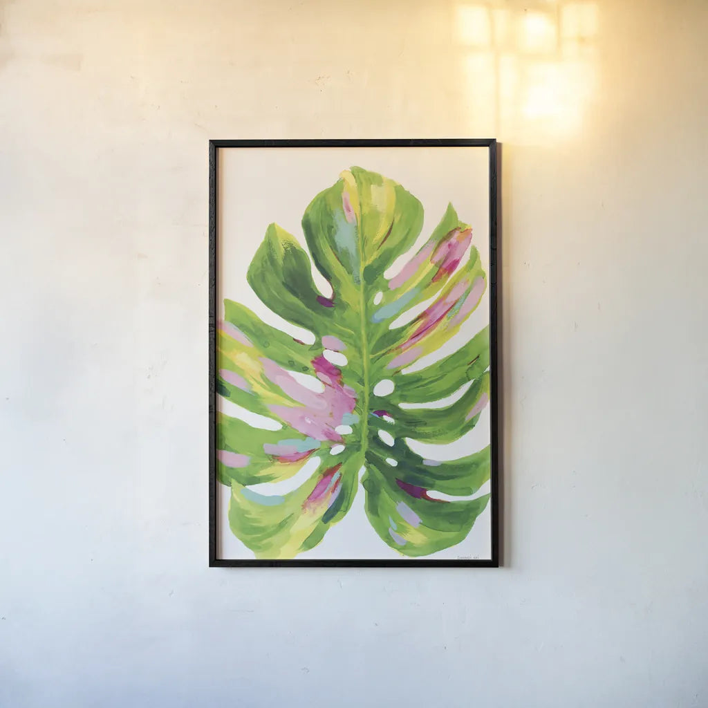 Colorful Tropical Leaf I by Danhui Nai. shown as a paper print in a black flame. Available as a archival giclee rolled canvas, fine art paper, or poster print. SKU 92262h.