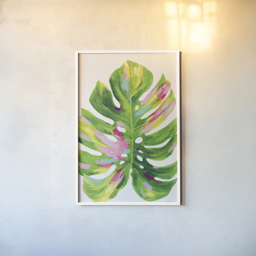 Colorful Tropical Leaf I by Danhui Nai. shown as a paper print in a white frame. Available as a archival giclee rolled canvas, fine art paper, or poster print. SKU 92262h.