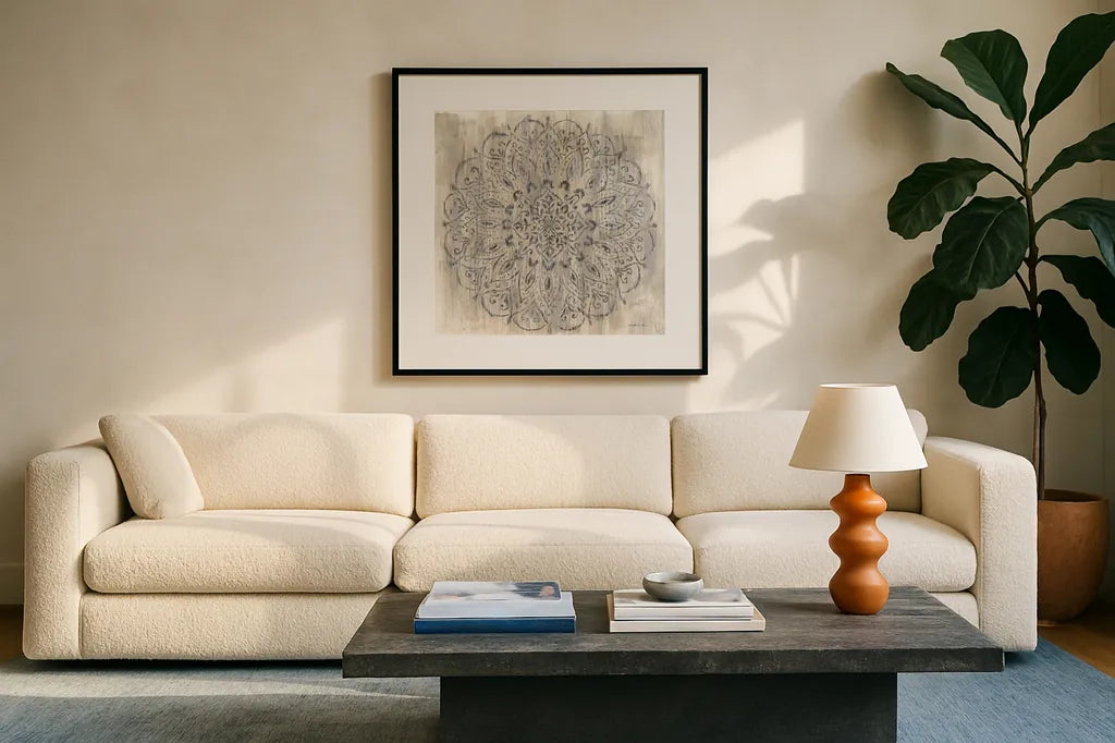 Concentric by Danhui Nai. Displayed in a glass frame with matte in a clean modern living room. Available as an archival giclee rolled canvas, fine art paper, or poster print. SKU 79464a.