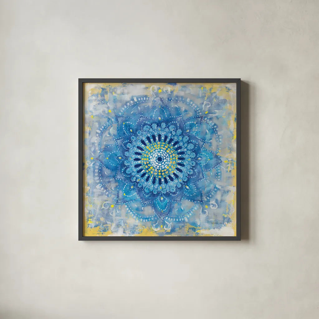 Concentric Mandala by Danhui Nai. Shown in a sleek black glass frame for a contemporary gallery look. Available as an archival giclee rolled canvas, fine art paper, or poster print. SKU 69064a.