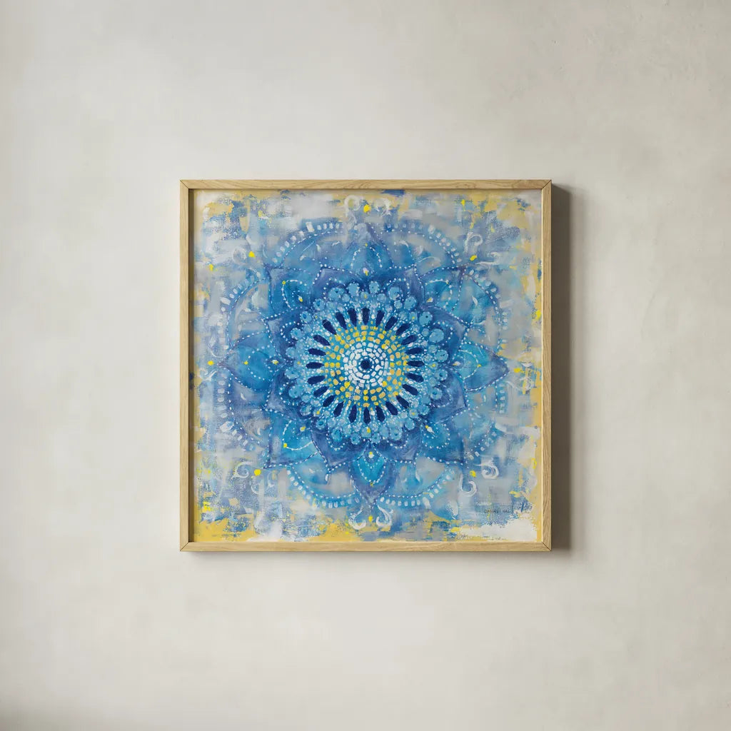 Concentric Mandala by Danhui Nai. Shown in a natural wood glass frame for a timeless modern aesthetic. Available as an archival giclee rolled canvas, fine art paper, or poster print. SKU 69064a.
