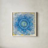 Concentric Mandala by Danhui Nai. Shown in a crisp white glass frame for a clean and minimalist style. Available as an archival giclee rolled canvas, fine art paper, or poster print. SKU 69064a.