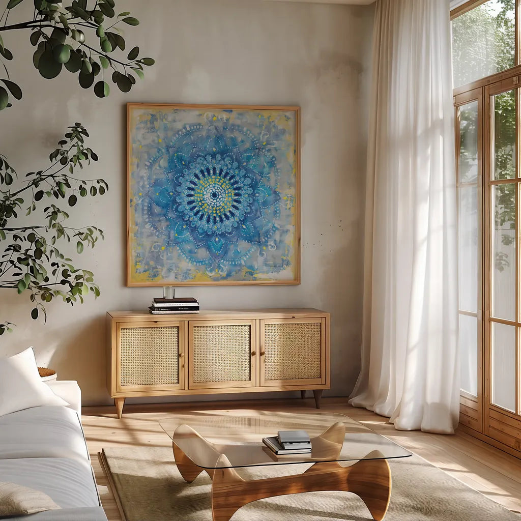 Concentric Mandala by Danhui Nai. Shown in a natural wood frame in a cozy modern living room. Available as an archival giclee rolled canvas, fine art paper, or poster print. SKU 69064a.