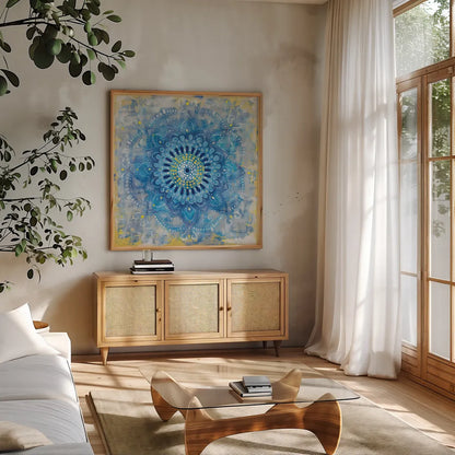 Concentric Mandala by Danhui Nai. Shown in a natural wood frame in a cozy modern living room. Available as an archival giclee rolled canvas, fine art paper, or poster print. SKU 69064a.