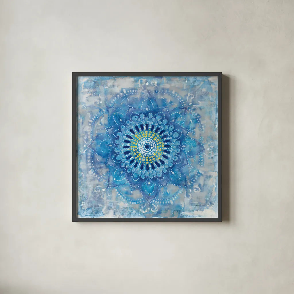 Concentric Mandala Blue by Danhui Nai. Shown in a sleek black glass frame for a contemporary gallery look. Available as an archival giclee rolled canvas, fine art paper, or poster print. SKU 88714a.