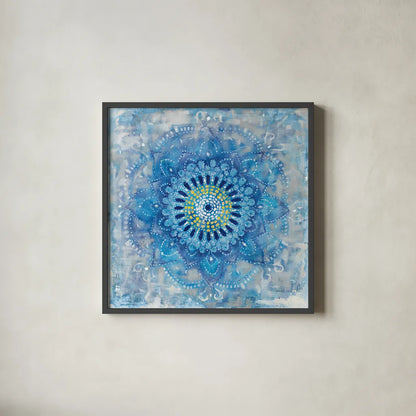 Concentric Mandala Blue by Danhui Nai. Shown in a sleek black glass frame for a contemporary gallery look. Available as an archival giclee rolled canvas, fine art paper, or poster print. SKU 88714a.