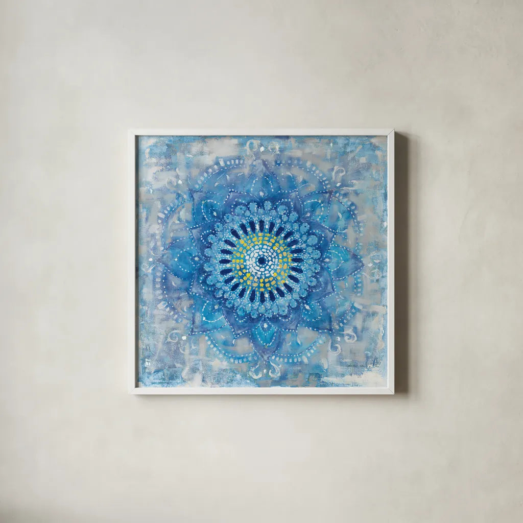Concentric Mandala Blue by Danhui Nai. Shown in a crisp white glass frame for a clean and minimalist style. Available as an archival giclee rolled canvas, fine art paper, or poster print. SKU 88714a.