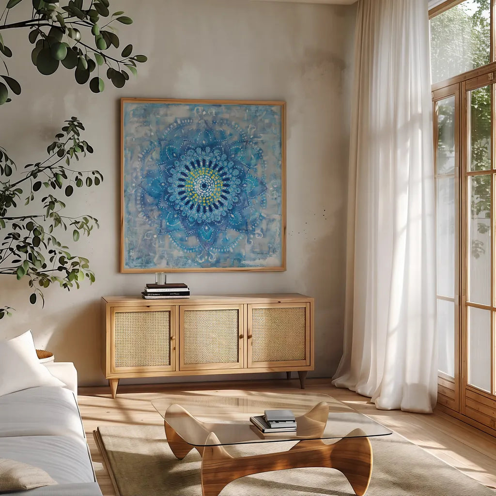 Concentric Mandala Blue by Danhui Nai. Shown in a natural wood frame in a cozy modern living room. Available as an archival giclee rolled canvas, fine art paper, or poster print. SKU 88714a.