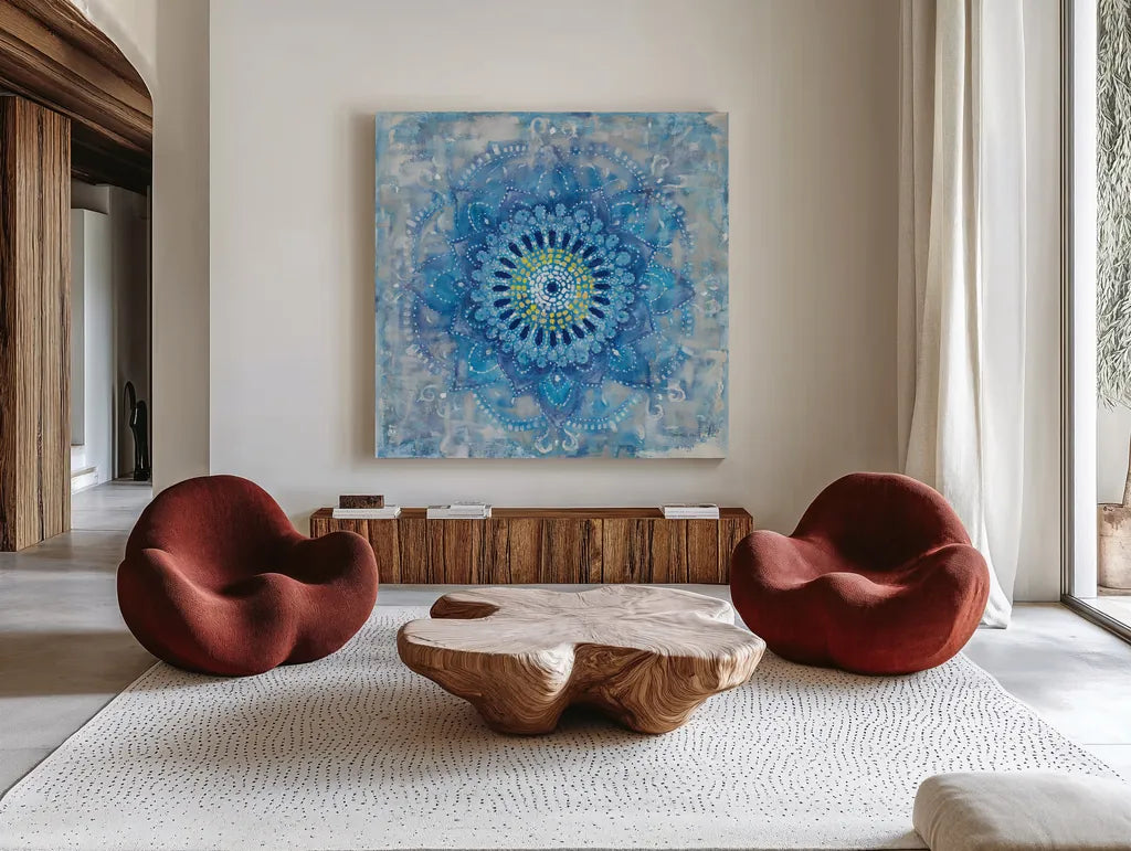 Concentric Mandala Blue by Danhui Nai. Shown as extra-large giant wall art in a modern living room. Available as an archival giclee rolled canvas, fine art paper, or poster print. SKU 88714a.