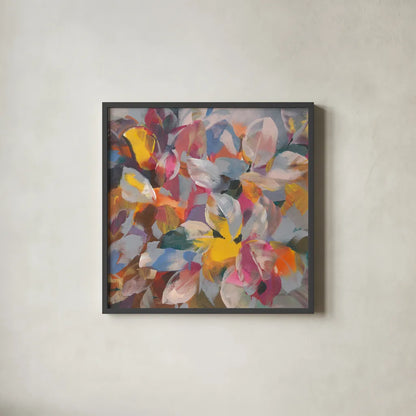 Confetti Leaves by Danhui Nai. Shown in a sleek black glass frame for a contemporary gallery look. Available as an archival giclee rolled canvas, fine art paper, or poster print. SKU 69060a.