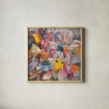 Confetti Leaves by Danhui Nai. Shown in a natural wood glass frame for a timeless modern aesthetic. Available as an archival giclee rolled canvas, fine art paper, or poster print. SKU 69060a.