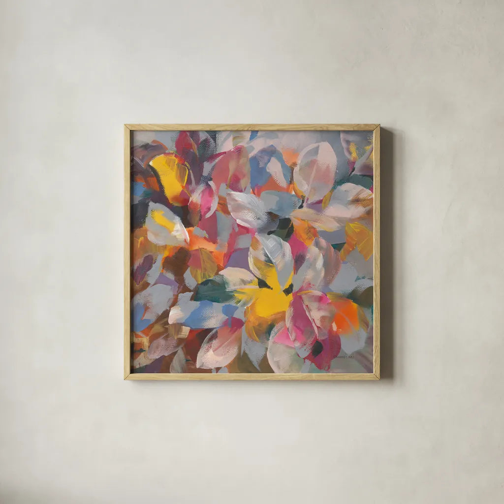 Confetti Leaves by Danhui Nai. Shown in a natural wood glass frame for a timeless modern aesthetic. Available as an archival giclee rolled canvas, fine art paper, or poster print. SKU 69060a.