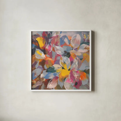Confetti Leaves by Danhui Nai. Shown in a crisp white glass frame for a clean and minimalist style. Available as an archival giclee rolled canvas, fine art paper, or poster print. SKU 69060a.