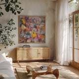 Confetti Leaves by Danhui Nai. Shown in a natural wood frame in a cozy modern living room. Available as an archival giclee rolled canvas, fine art paper, or poster print. SKU 69060a.