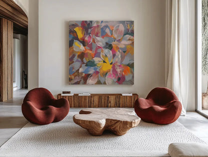 Confetti Leaves by Danhui Nai. Shown as extra-large giant wall art in a modern living room. Available as an archival giclee rolled canvas, fine art paper, or poster print. SKU 69060a.