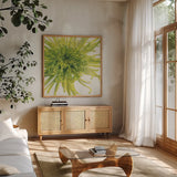 Contemporary Chrysanthemum by Danhui Nai. Shown in a natural wood frame in a cozy modern living room. Available as an archival giclee rolled canvas, fine art paper, or poster print. SKU 5452a.