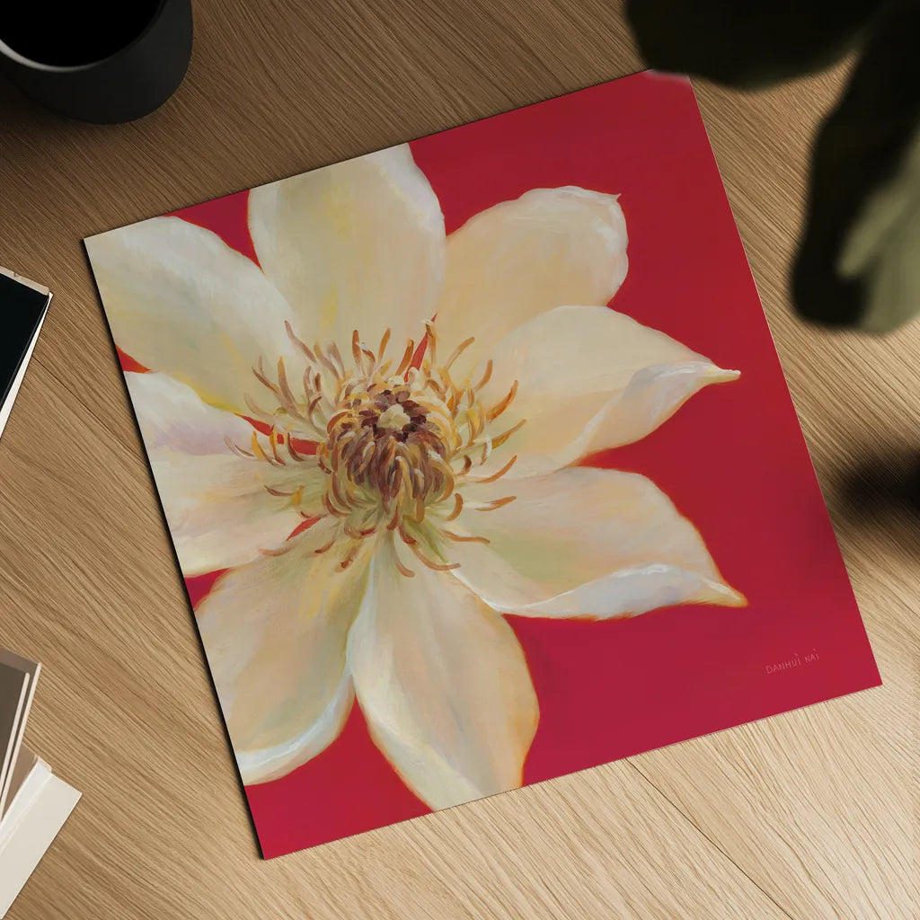 Contemporary Clematis by Danhui Nai. Shown as a detailed flat fine art print, highlighting archival giclee quality. Available as an archival giclee rolled canvas, fine art paper, or poster print. SKU 5454a.