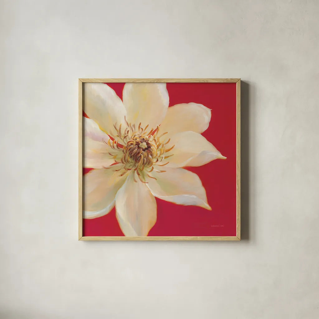 Contemporary Clematis by Danhui Nai. Shown in a natural wood glass frame for a timeless modern aesthetic. Available as an archival giclee rolled canvas, fine art paper, or poster print. SKU 5454a.
