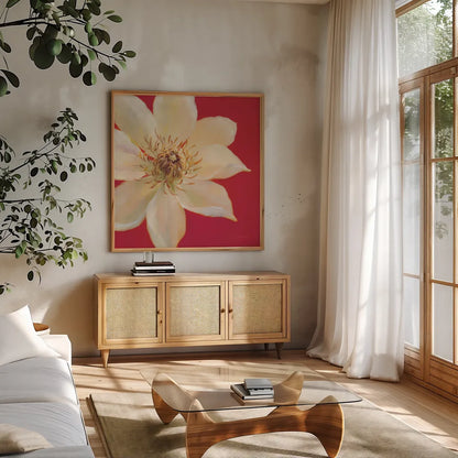 Contemporary Clematis by Danhui Nai. Shown in a natural wood frame in a cozy modern living room. Available as an archival giclee rolled canvas, fine art paper, or poster print. SKU 5454a.