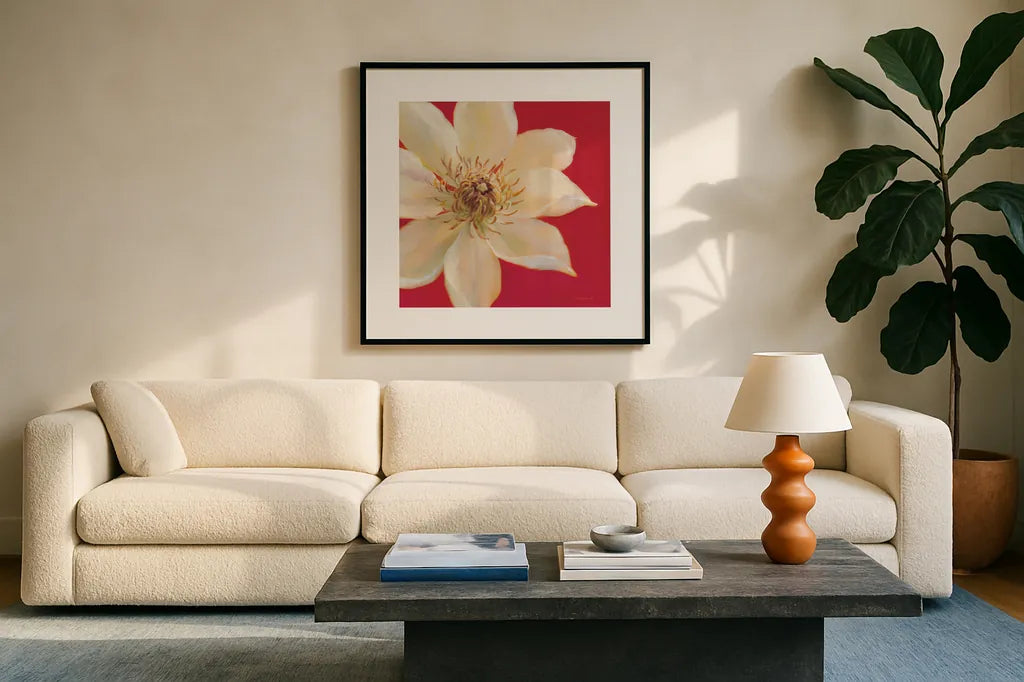 Contemporary Clematis by Danhui Nai. Displayed in a glass frame with matte in a clean modern living room. Available as an archival giclee rolled canvas, fine art paper, or poster print. SKU 5454a.