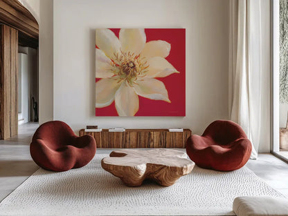 Contemporary Clematis by Danhui Nai. Shown as extra-large giant wall art in a modern living room. Available as an archival giclee rolled canvas, fine art paper, or poster print. SKU 5454a.