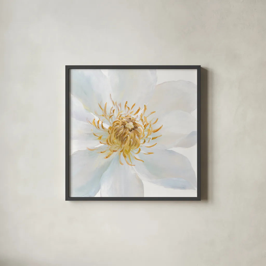 Contemporary Clematis Gray by Danhui Nai. Shown in a sleek black glass frame for a contemporary gallery look. Available as an archival giclee rolled canvas, fine art paper, or poster print. SKU 44828a.