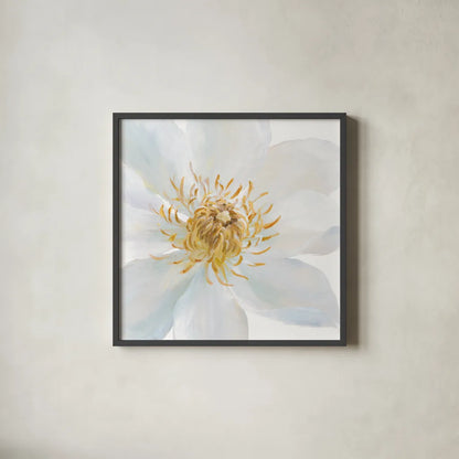 Contemporary Clematis Gray by Danhui Nai. Shown in a sleek black glass frame for a contemporary gallery look. Available as an archival giclee rolled canvas, fine art paper, or poster print. SKU 44828a.