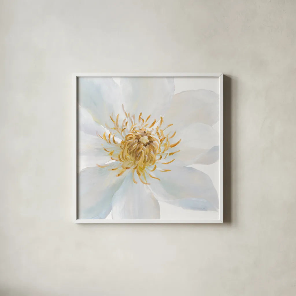 Contemporary Clematis Gray by Danhui Nai. Shown in a crisp white glass frame for a clean and minimalist style. Available as an archival giclee rolled canvas, fine art paper, or poster print. SKU 44828a.