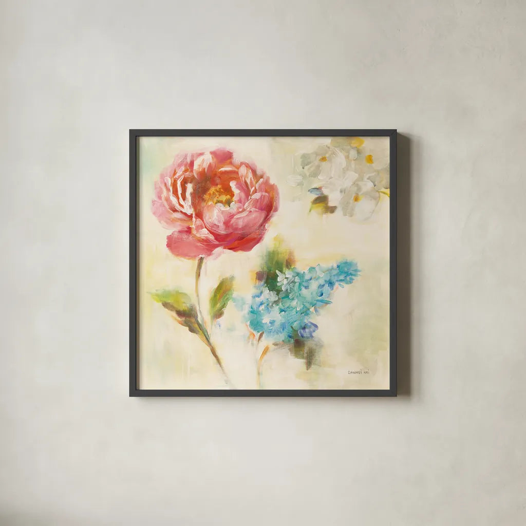 Contemporary Flower I by Danhui Nai. Shown in a sleek black glass frame for a contemporary gallery look. Available as an archival giclee rolled canvas, fine art paper, or poster print. SKU 93259a.