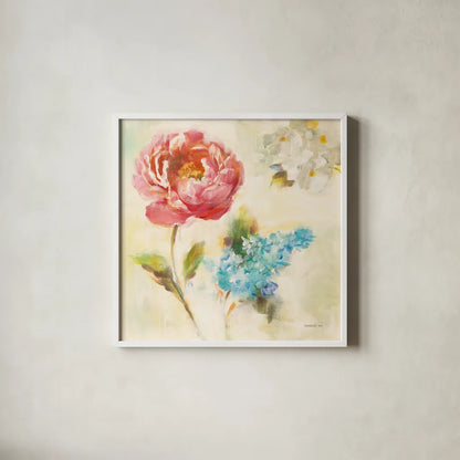 Contemporary Flower I by Danhui Nai. Shown in a crisp white glass frame for a clean and minimalist style. Available as an archival giclee rolled canvas, fine art paper, or poster print. SKU 93259a.