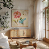 Contemporary Flower I by Danhui Nai. Shown in a natural wood frame in a cozy modern living room. Available as an archival giclee rolled canvas, fine art paper, or poster print. SKU 93259a.