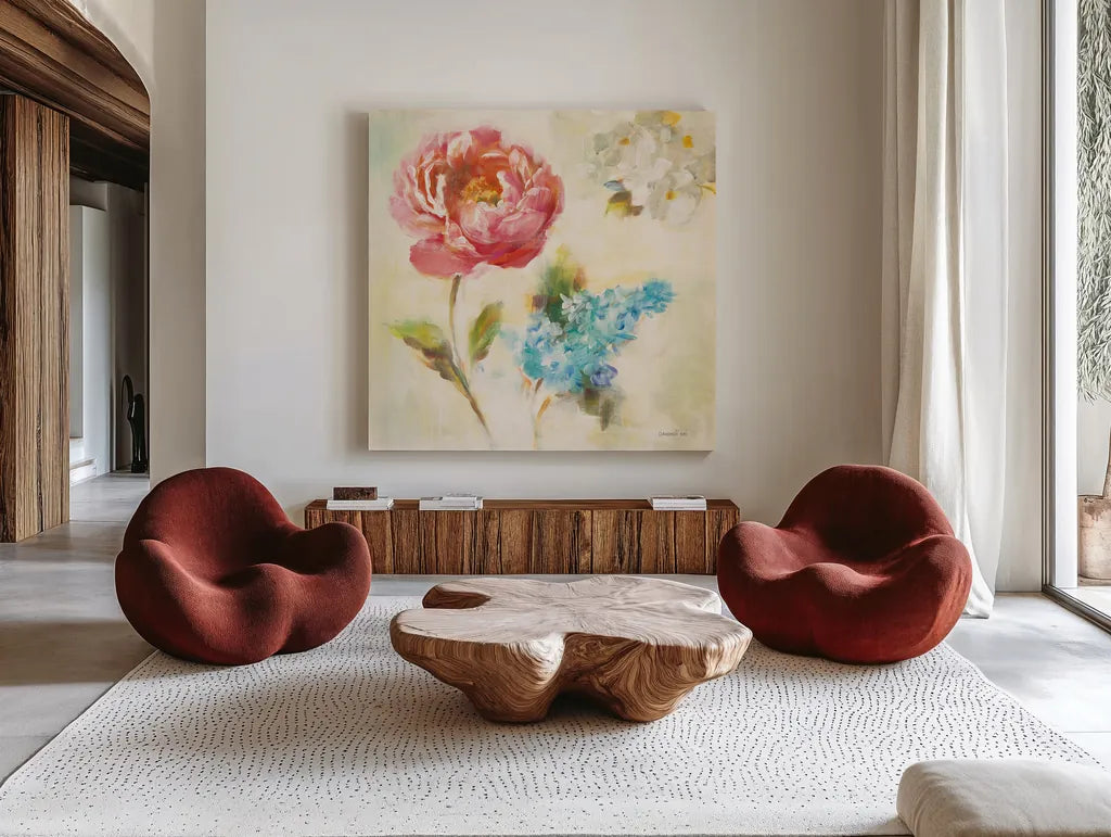 Contemporary Flower I by Danhui Nai. Shown as extra-large giant wall art in a modern living room. Available as an archival giclee rolled canvas, fine art paper, or poster print. SKU 93259a.