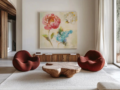 Contemporary Flower I by Danhui Nai. Shown as extra-large giant wall art in a modern living room. Available as an archival giclee rolled canvas, fine art paper, or poster print. SKU 93259a.