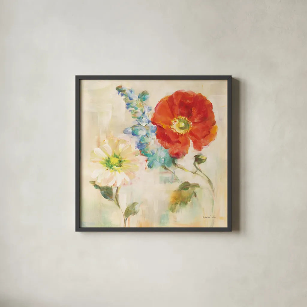 Contemporary Flower II by Danhui Nai. Shown in a sleek black glass frame for a contemporary gallery look. Available as an archival giclee rolled canvas, fine art paper, or poster print. SKU 93260a.