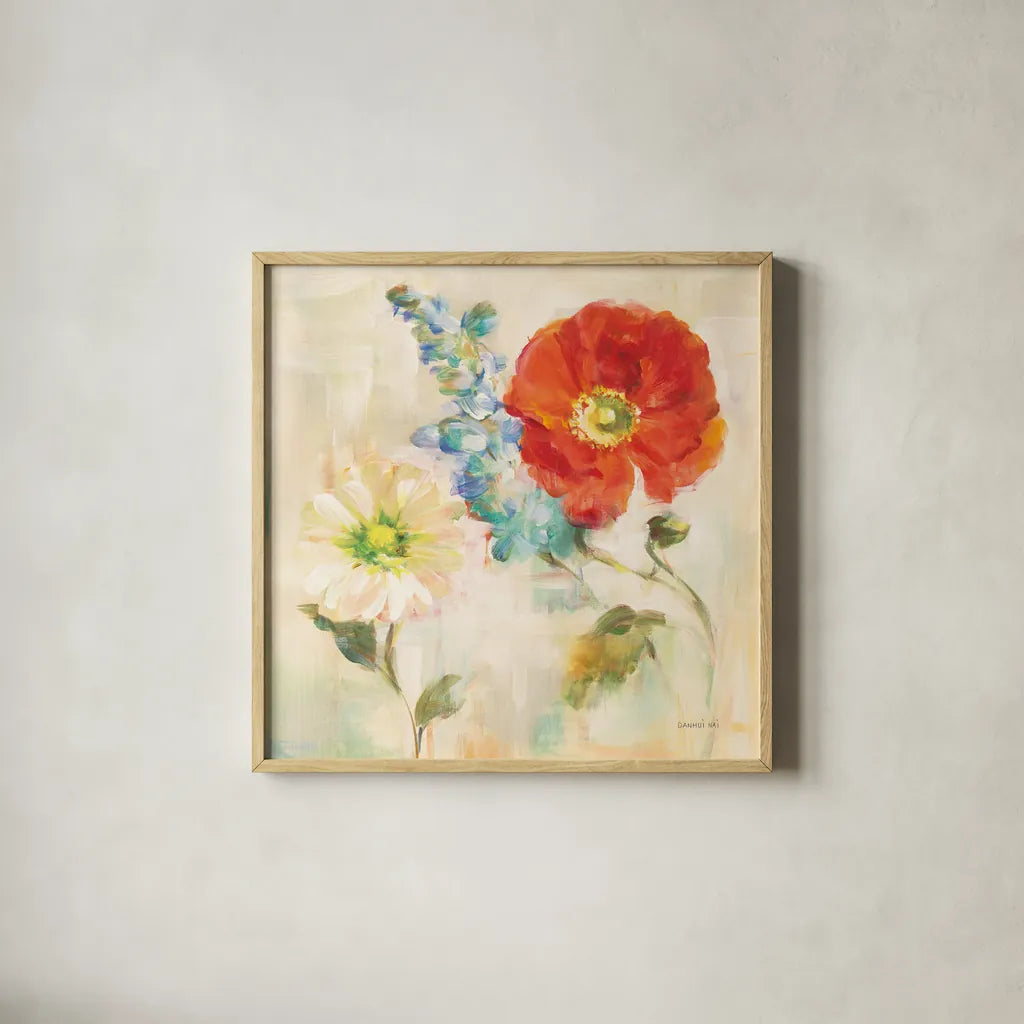 Contemporary Flower II by Danhui Nai. Shown in a natural wood glass frame for a timeless modern aesthetic. Available as an archival giclee rolled canvas, fine art paper, or poster print. SKU 93260a.