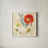 Contemporary Flower II by Danhui Nai. Shown in a crisp white glass frame for a clean and minimalist style. Available as an archival giclee rolled canvas, fine art paper, or poster print. SKU 93260a.