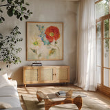 Contemporary Flower II by Danhui Nai. Shown in a natural wood frame in a cozy modern living room. Available as an archival giclee rolled canvas, fine art paper, or poster print. SKU 93260a.