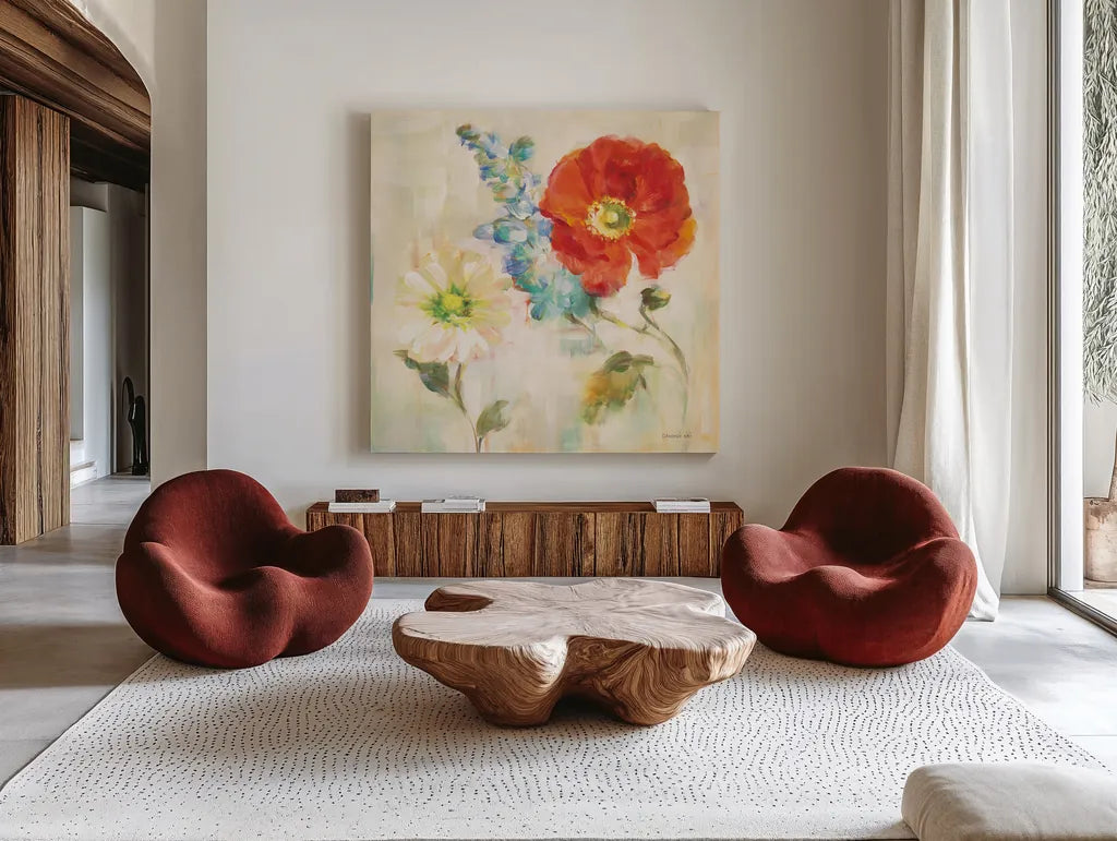Contemporary Flower II by Danhui Nai. Shown as extra-large giant wall art in a modern living room. Available as an archival giclee rolled canvas, fine art paper, or poster print. SKU 93260a.