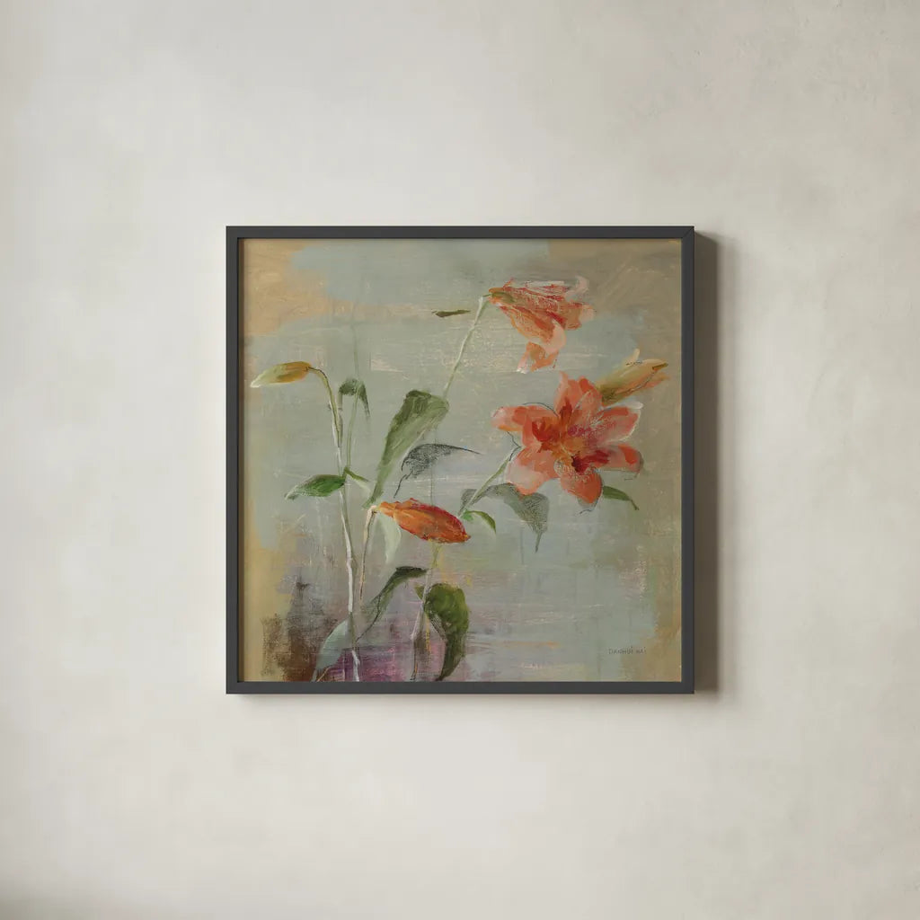 Contemporary Lilies I by Danhui Nai. Shown in a sleek black glass frame for a contemporary gallery look. Available as an archival giclee rolled canvas, fine art paper, or poster print. SKU 5441a.