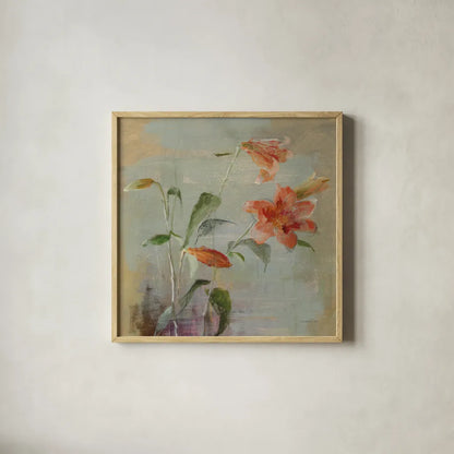 Contemporary Lilies I by Danhui Nai. Shown in a natural wood glass frame for a timeless modern aesthetic. Available as an archival giclee rolled canvas, fine art paper, or poster print. SKU 5441a.