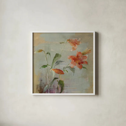 Contemporary Lilies I by Danhui Nai. Shown in a crisp white glass frame for a clean and minimalist style. Available as an archival giclee rolled canvas, fine art paper, or poster print. SKU 5441a.