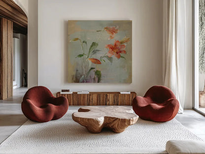 Contemporary Lilies I by Danhui Nai. Shown as extra-large giant wall art in a modern living room. Available as an archival giclee rolled canvas, fine art paper, or poster print. SKU 5441a.