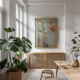 Contemporary Lilies I Crop by Danhui Nai. shown as a print in a natural wood frame in a dining room. Available as a archival giclee rolled canvas, fine art paper, or poster print. SKU 5441h.