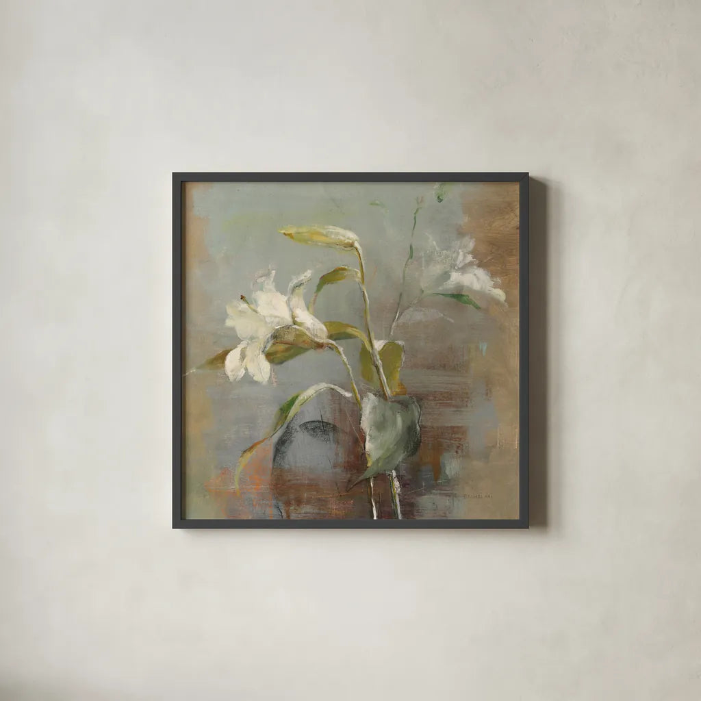 Contemporary Lilies II by Danhui Nai. Shown in a sleek black glass frame for a contemporary gallery look. Available as an archival giclee rolled canvas, fine art paper, or poster print. SKU 5442a.