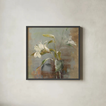 Contemporary Lilies II by Danhui Nai. Shown in a sleek black glass frame for a contemporary gallery look. Available as an archival giclee rolled canvas, fine art paper, or poster print. SKU 5442a.