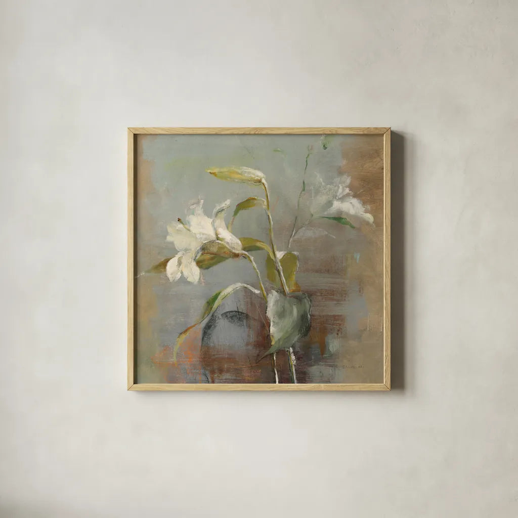 Contemporary Lilies II by Danhui Nai. Shown in a natural wood glass frame for a timeless modern aesthetic. Available as an archival giclee rolled canvas, fine art paper, or poster print. SKU 5442a.