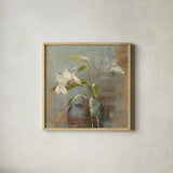 Contemporary Lilies II by Danhui Nai. Shown in a natural wood glass frame for a timeless modern aesthetic. Available as an archival giclee rolled canvas, fine art paper, or poster print. SKU 5442a.